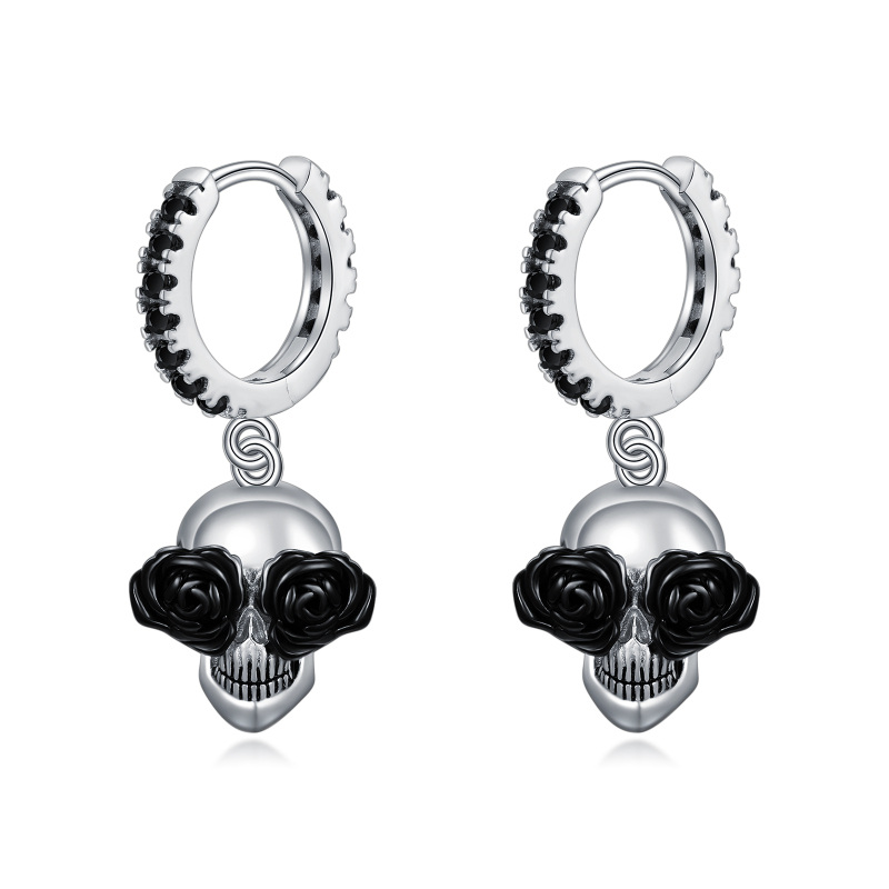 Sterling Silver Two-tone Cubic Zirconia Skull Drop Earrings