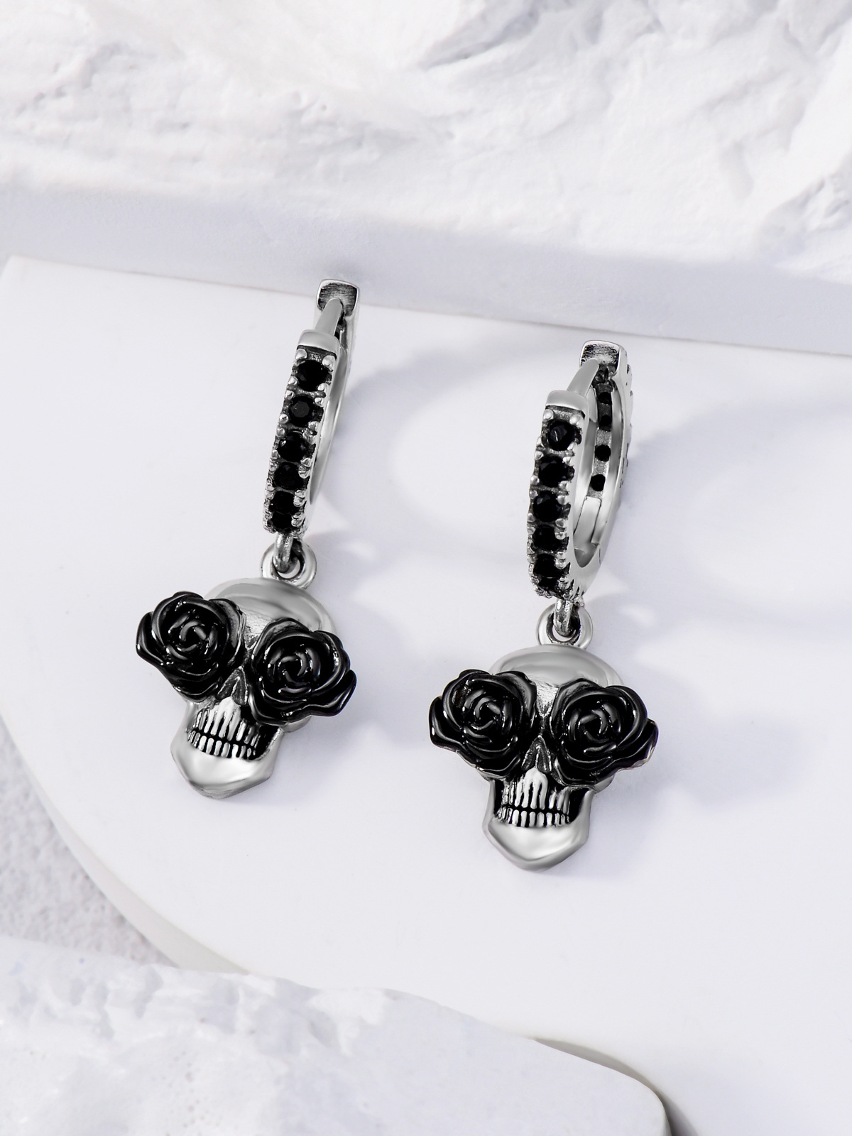 Sterling Silver Two-tone Cubic Zirconia Skull Drop Earrings-3