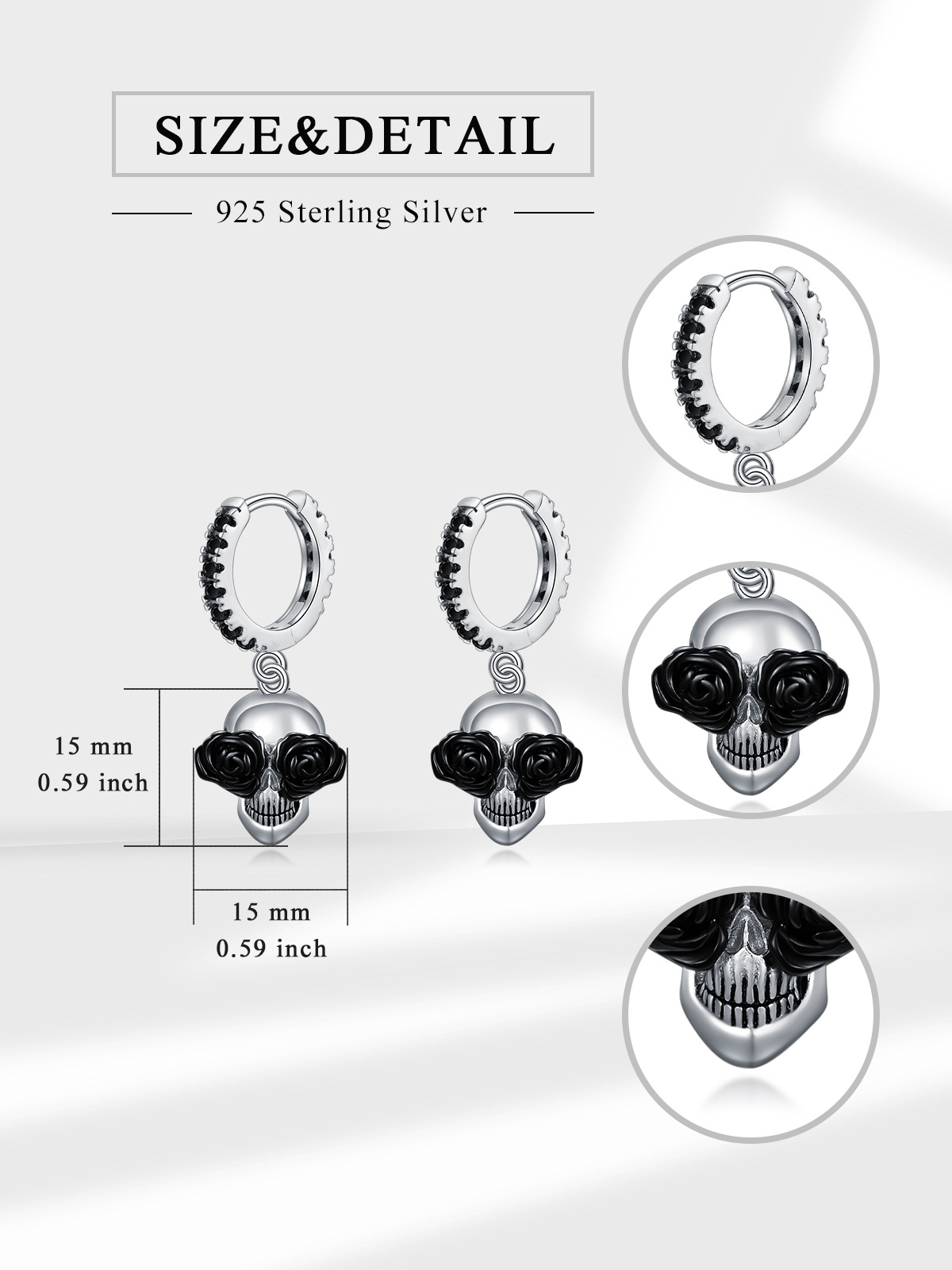 Sterling Silver Two-tone Cubic Zirconia Skull Drop Earrings-5