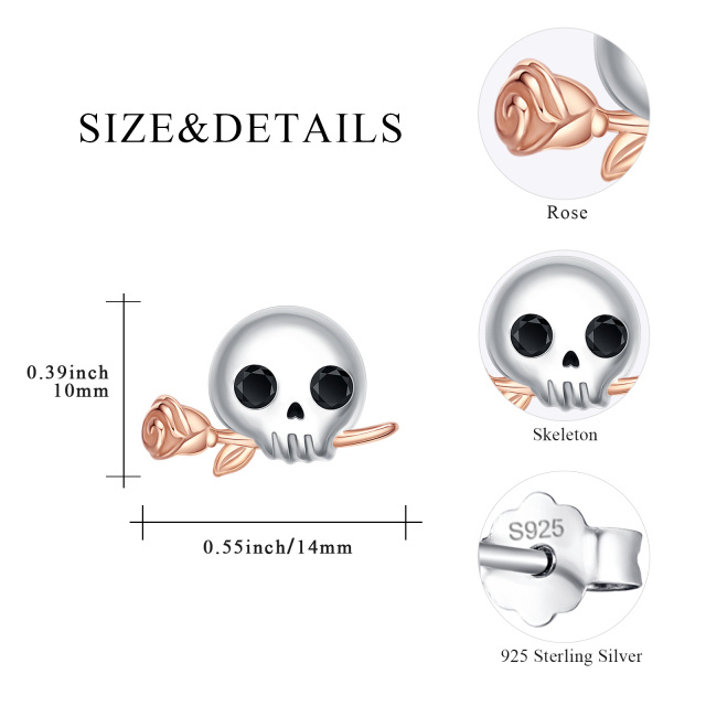 Boucles d'oreilles tête de mort en argent sterling bicolore à zircon cubique-3