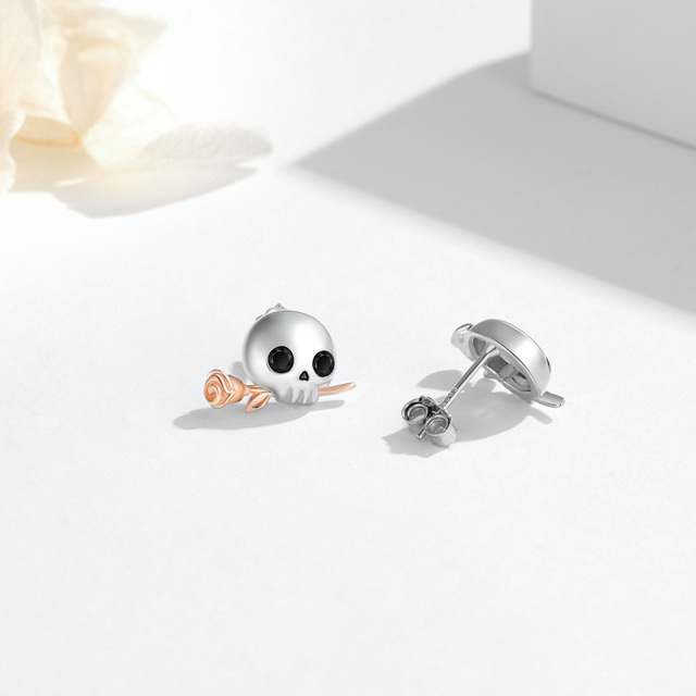 Boucles d'oreilles tête de mort en argent sterling bicolore à zircon cubique-4