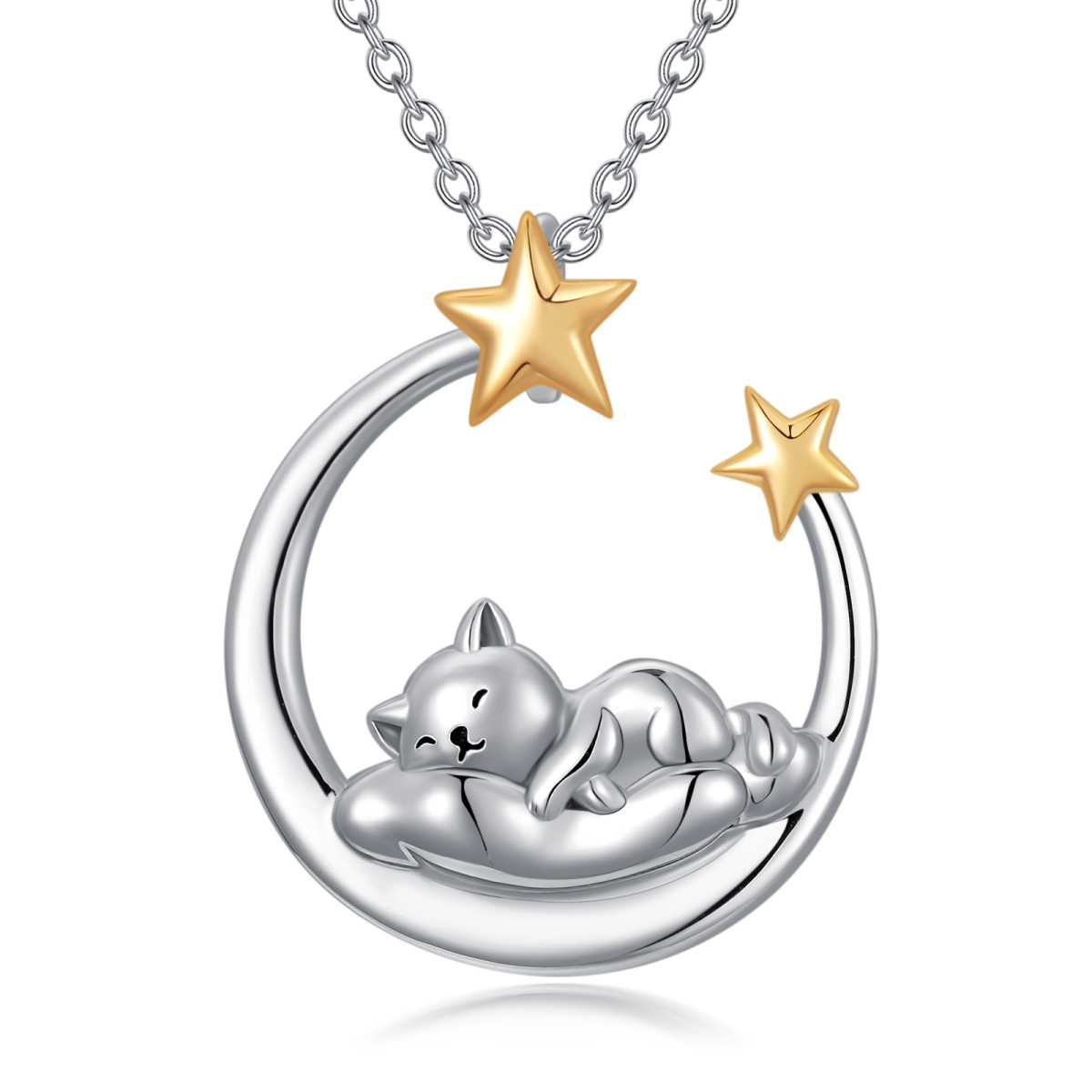 Sterling Silver Two-tone Sleeping Cat & Moon Pendant Necklace-1