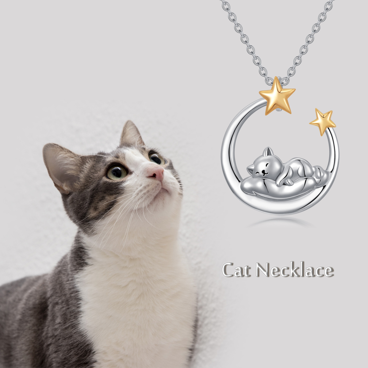 Sterling Silver Two-tone Sleeping Cat & Moon Pendant Necklace-2