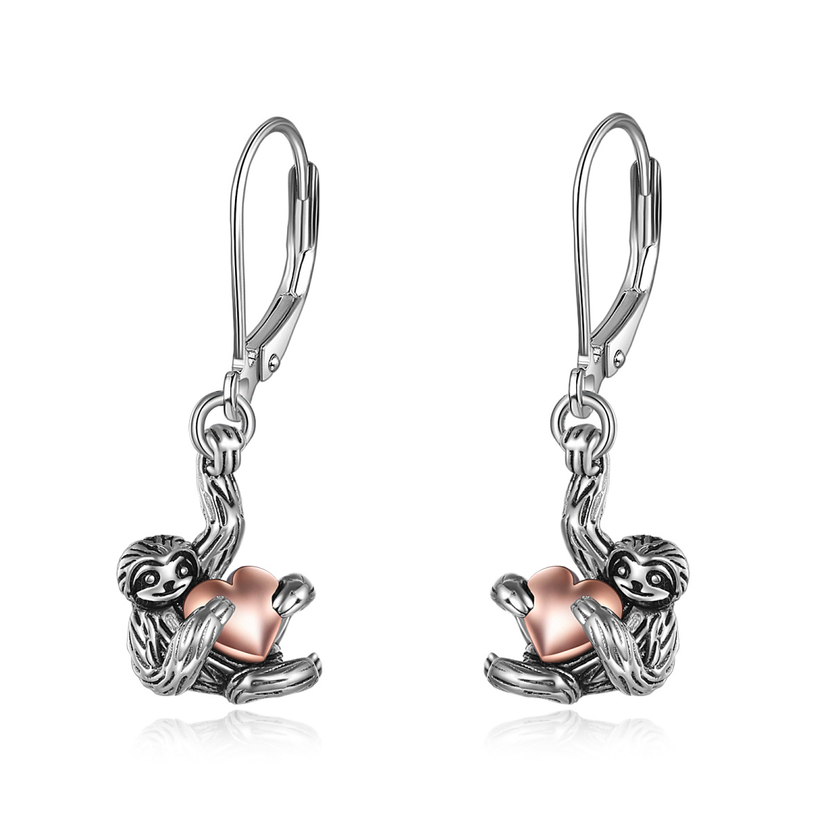 Orecchini a leva in argento sterling con cuore e bradipo bicolore-1