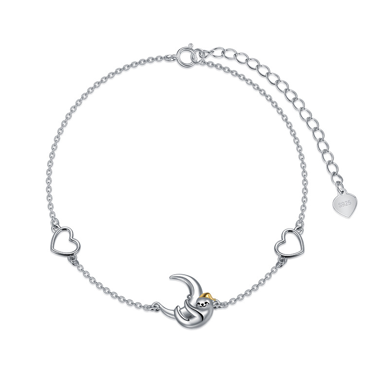 Sterling Silver Two-Tone Sloth & Heart With Moon Charm Bracelet For Women-1