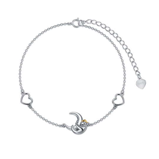 Sterling Silver Two-tone Sloth & Heart & Moon Pendant Bracelet