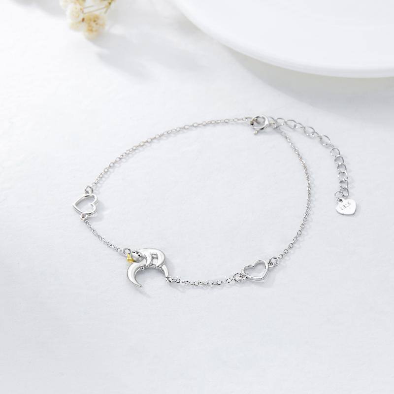 Sterling Silver Two-Tone Sloth & Heart With Moon Charm Bracelet For Women-3