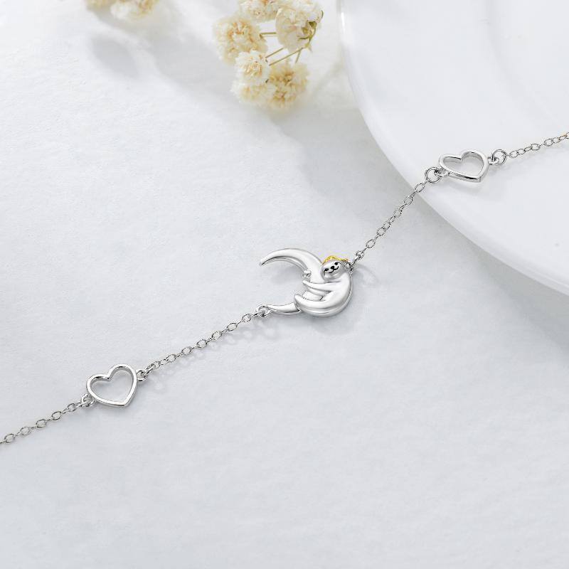 Sterling Silver Two-Tone Sloth & Heart With Moon Charm Bracelet For Women-4