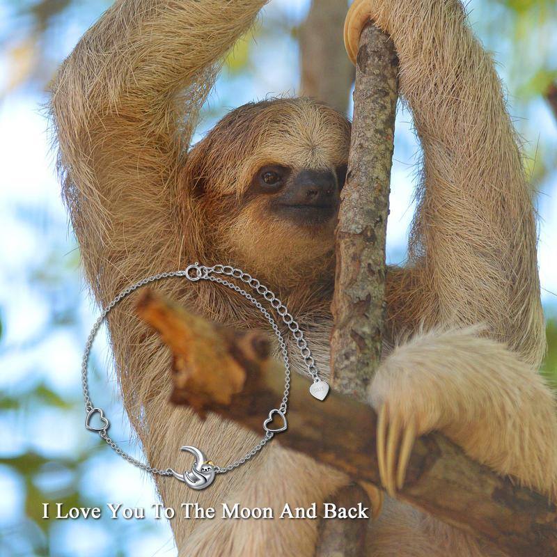Sterling Silver Two-Tone Sloth & Heart With Moon Charm Bracelet For Women-5