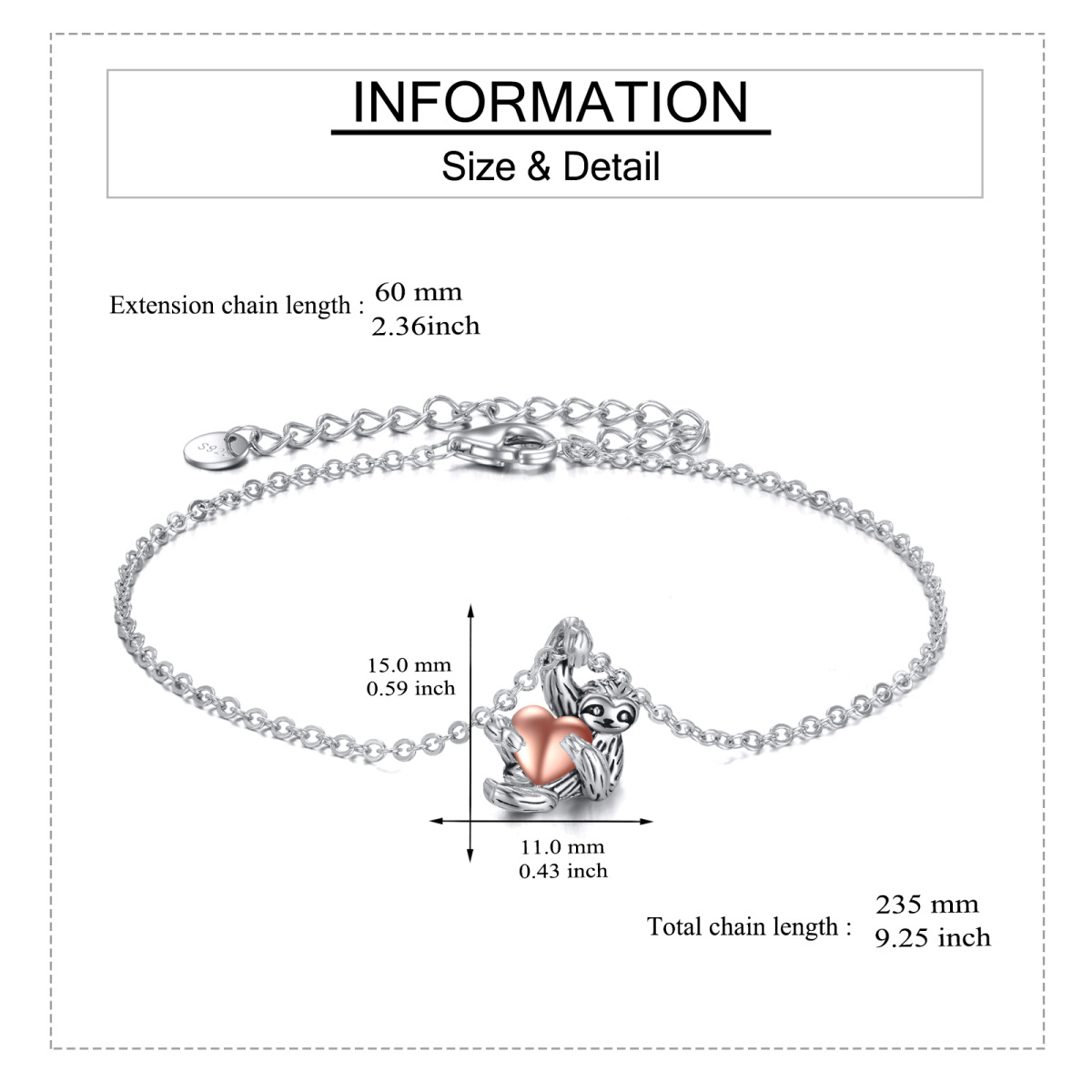 Pulsera con colgante de corazón de perezoso en dos tonos de plata de ley-5