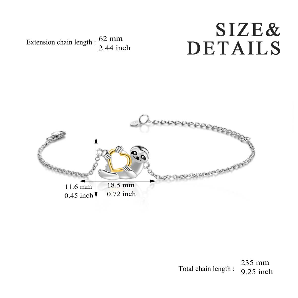 Sterling Silver Two-tone Sloth & Heart Pendant Bracelet-3