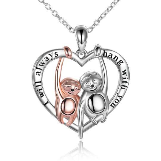 Sterling Silver Two-tone Sloth & Heart Pendant Necklace with Engraved Word