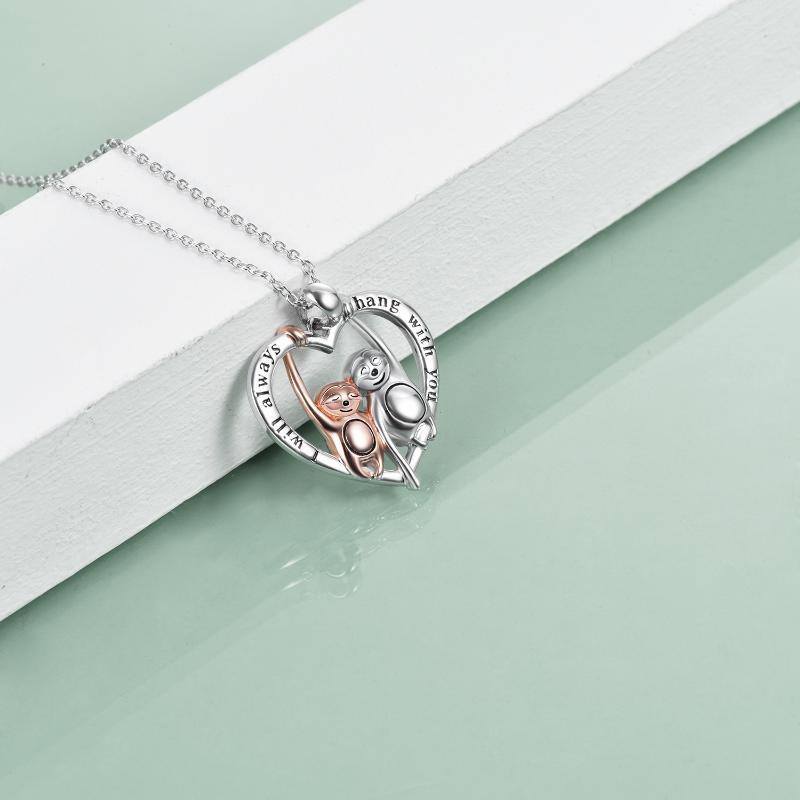 Sterling Silver Two-tone Sloth & Heart Pendant Necklace with Engraved Word-3