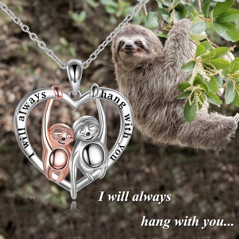 Sterling Silver Two-tone Sloth & Heart Pendant Necklace with Engraved Word-6