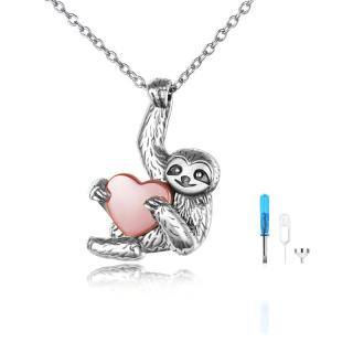 Sterling Silver Two-tone Sloth & Heart Urn Necklace for Ashes-1