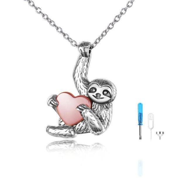 Sterling Silver Two-tone Sloth & Heart Urn Necklace for Ashes-3