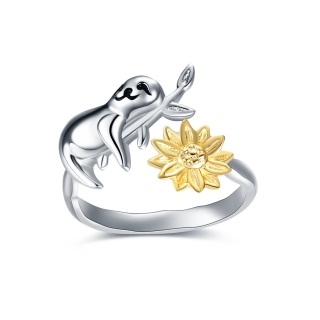 Sterling Silver Two-tone Sloth & Sunflower Open Ring-34