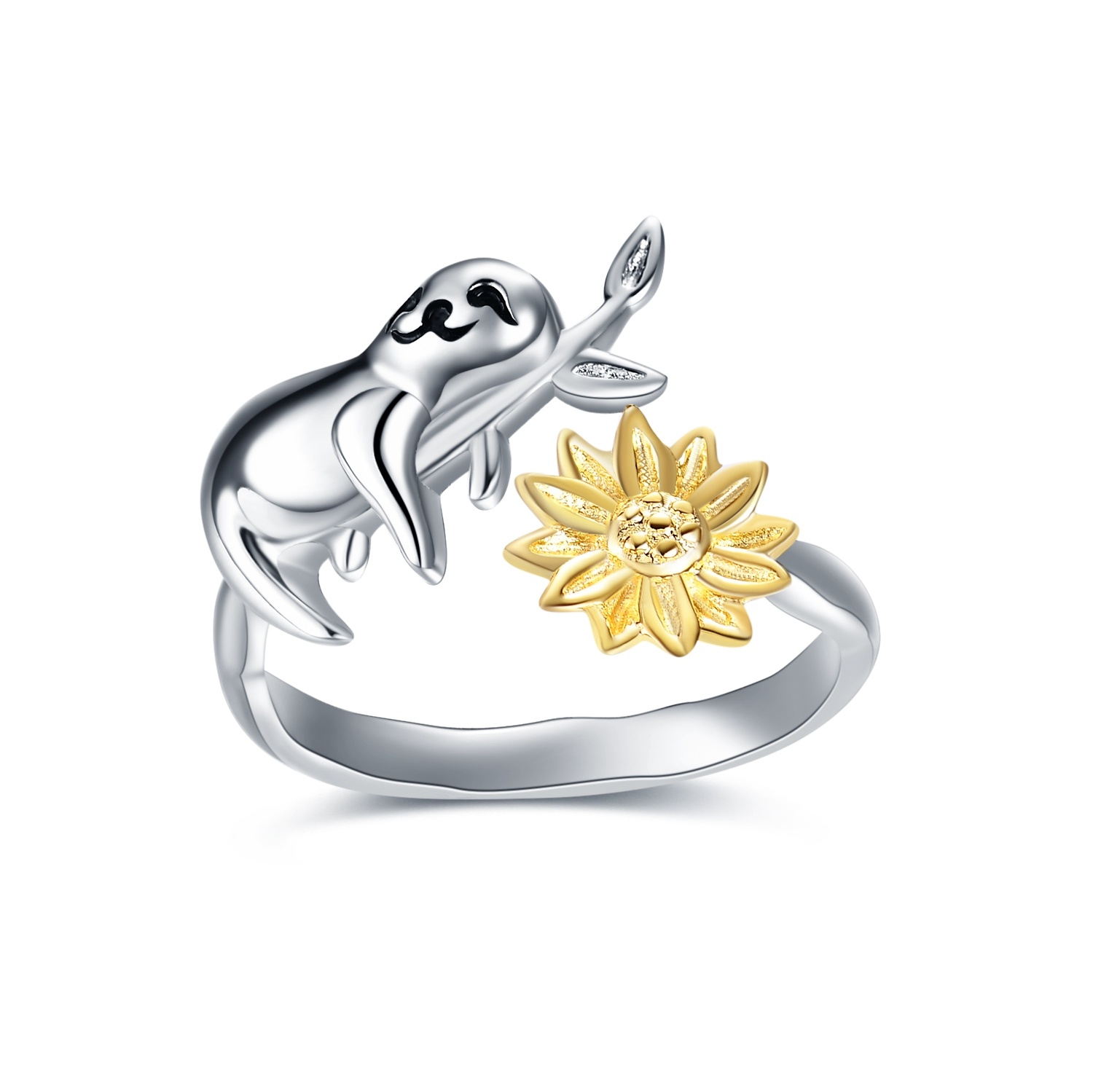 Bague ouverte en argent sterling bicolore avec motif paresseux et tournesol