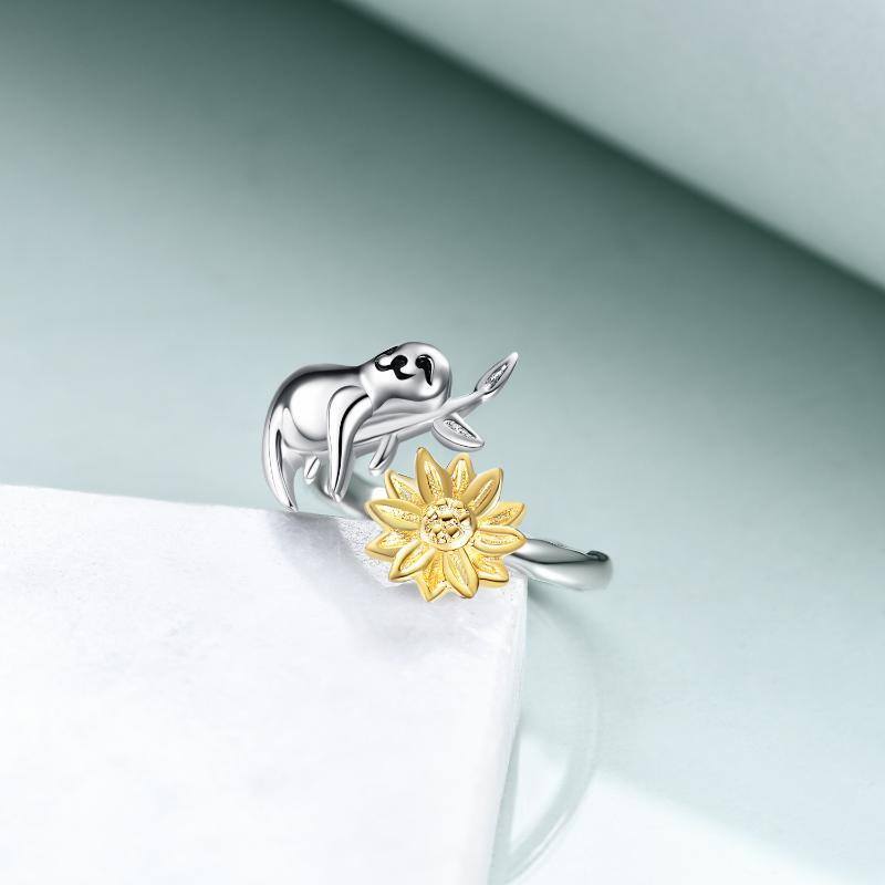 Sterling Silver Two-tone Sloth & Sunflower Open Ring-2