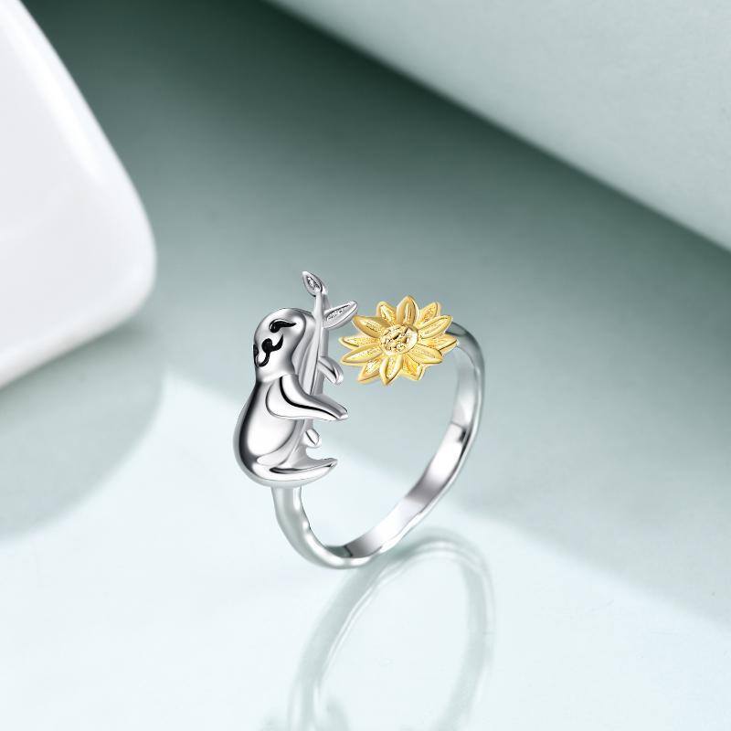 Sterling Silver Two-tone Sloth & Sunflower Open Ring-3