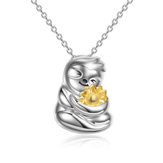 Collana con ciondolo a forma di bradipo e girasole in argento sterling bicolore