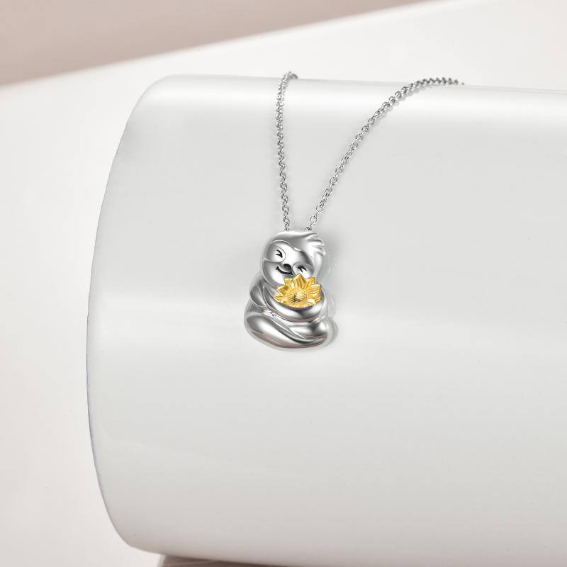 Sterling Silver Two-tone Sloth & Sunflower Pendant Necklace-4