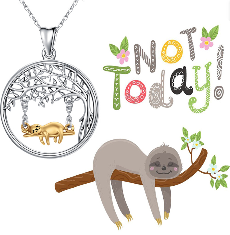 Sterling Silver Two-tone Sloth & Tree Of Life & Round Pendant Necklace-5