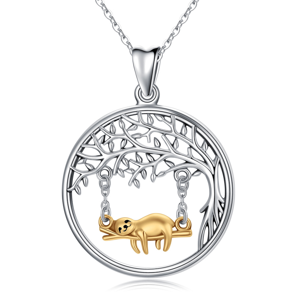 Sterling Silver Two-tone Sloth & Tree Of Life & Round Pendant Necklace-1