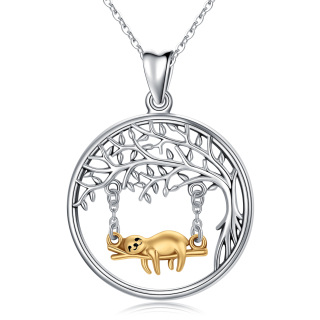 Sterling Silver Two-tone Sloth & Tree Of Life & Round Pendant Necklace-25