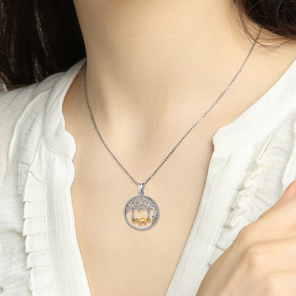 Sterling Silver Two-tone Sloth & Tree Of Life & Round Pendant Necklace-2
