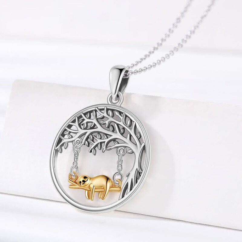 Sterling Silver Two-tone Sloth & Tree Of Life & Round Pendant Necklace-6