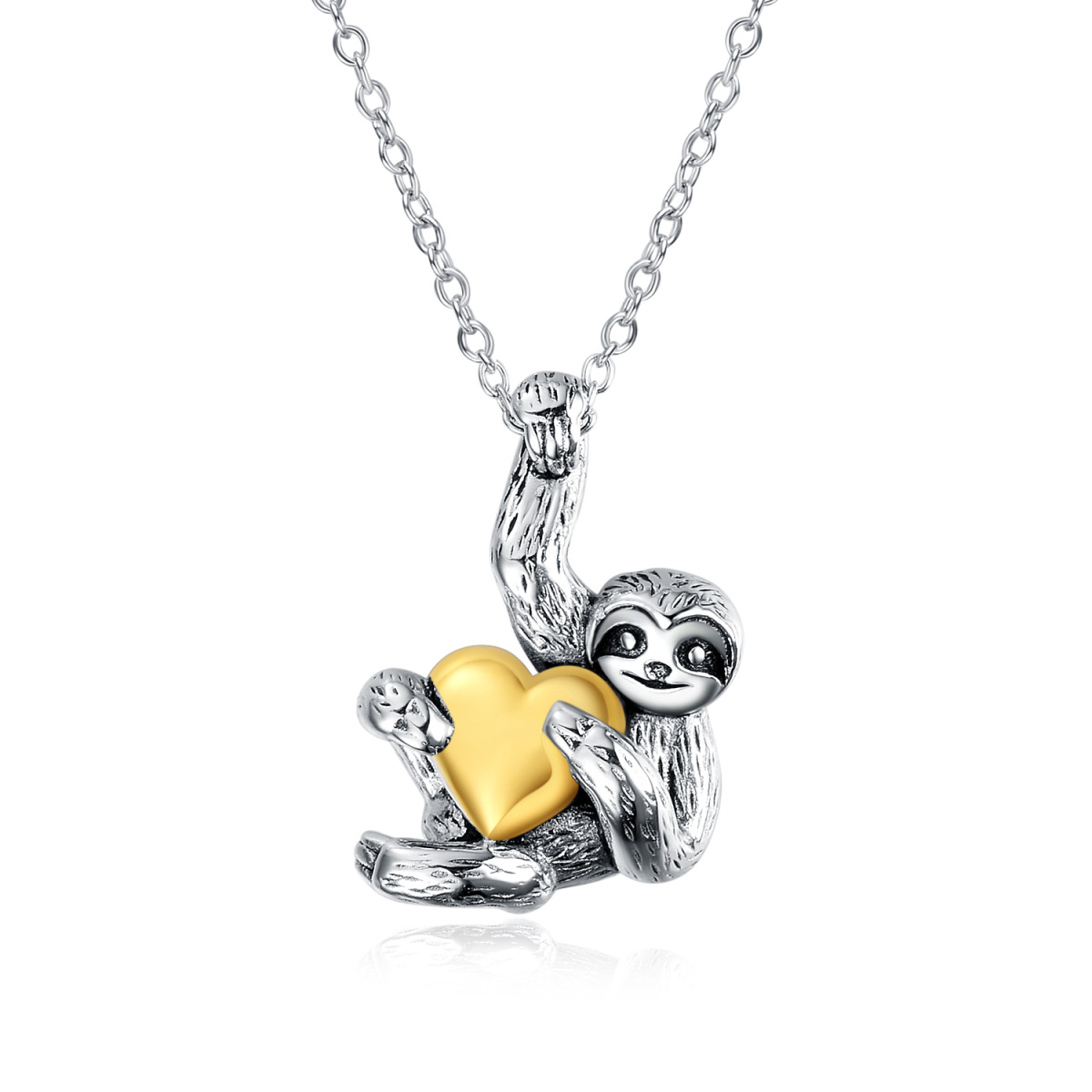 Sterling Silver Two-tone Sloth & Yellow Gold Heart Pendant Necklace-1