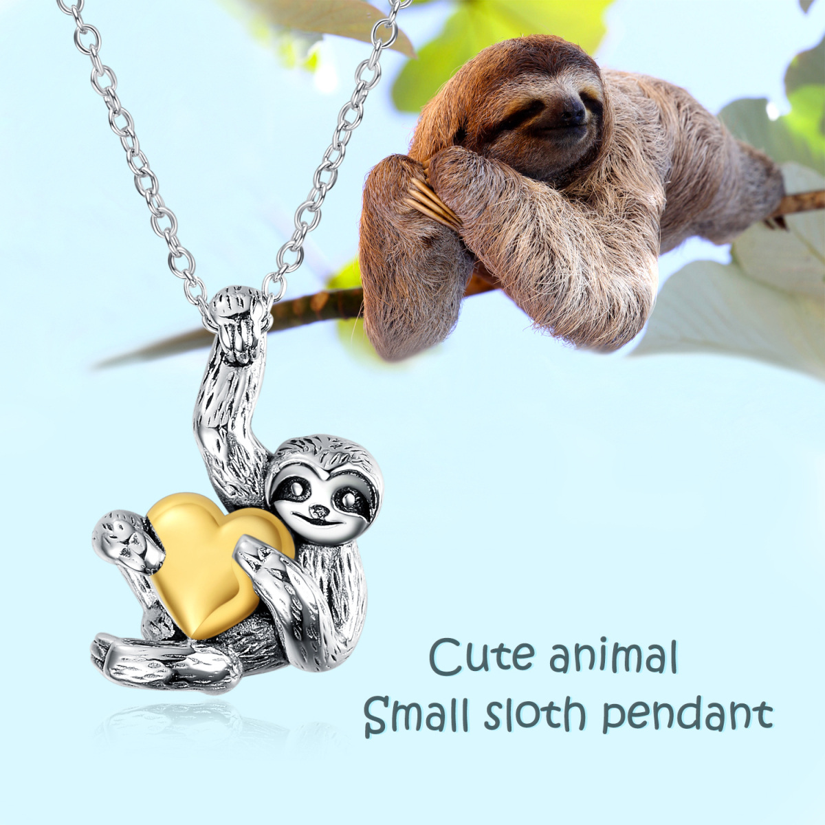 Sterling Silver Two-tone Sloth & Yellow Gold Heart Pendant Necklace-5