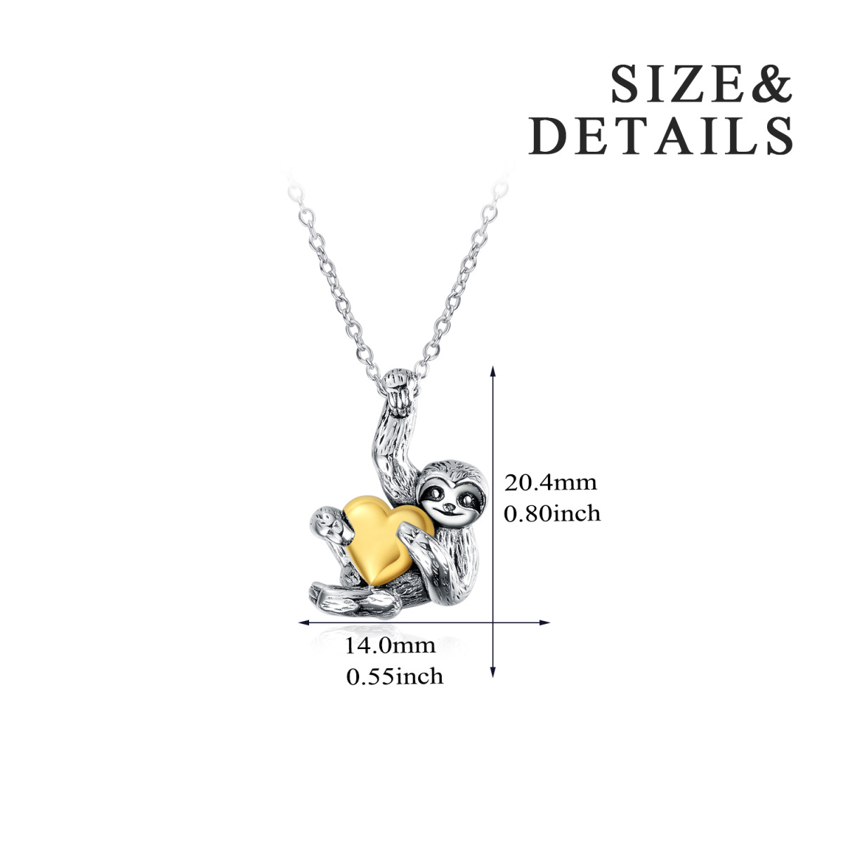 Sterling Silver Two-tone Sloth & Yellow Gold Heart Pendant Necklace-6