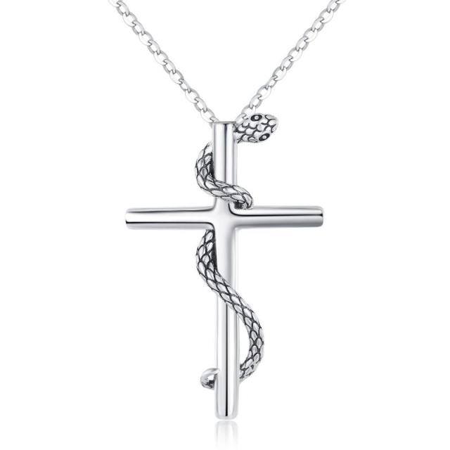 Sterling Silver Two-tone Snake & Cross Pendant Necklace-1