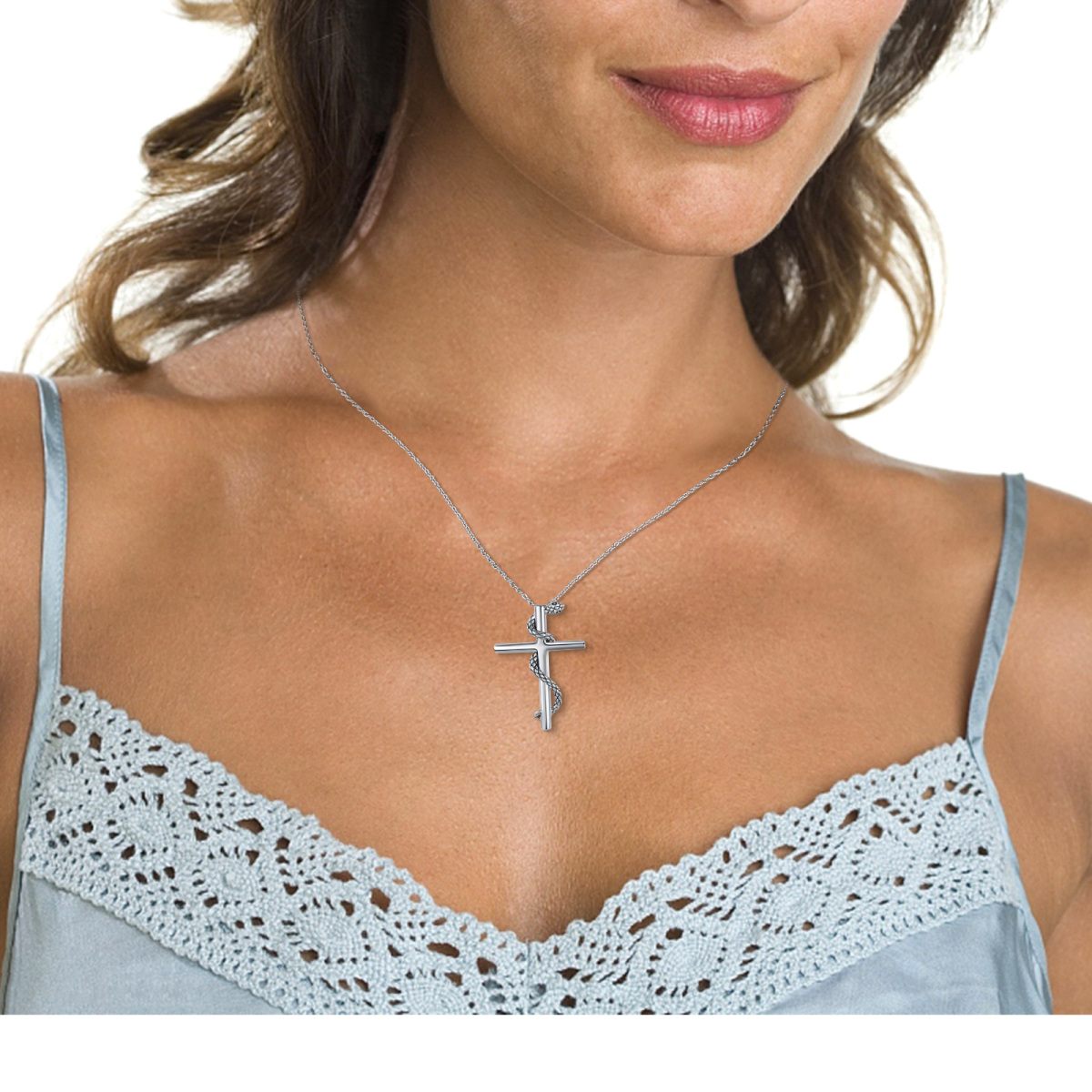 Sterling Silver Two-tone Snake & Cross Pendant Necklace-3