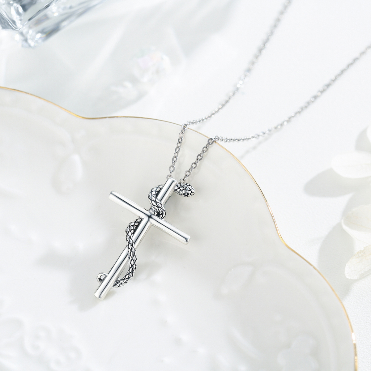 Sterling Silver Two-tone Snake & Cross Pendant Necklace-4