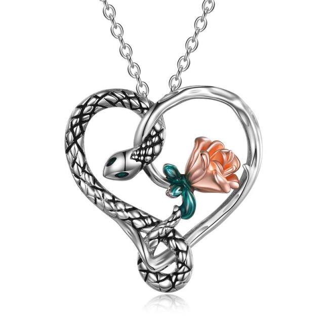 Sterling Silver Two-tone Snake & Rose & Heart Pendant Necklace-5