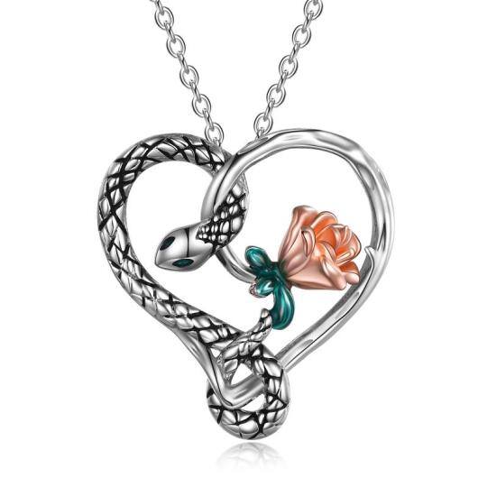 Sterling Silver Two-tone Snake & Rose & Heart Pendant Necklace