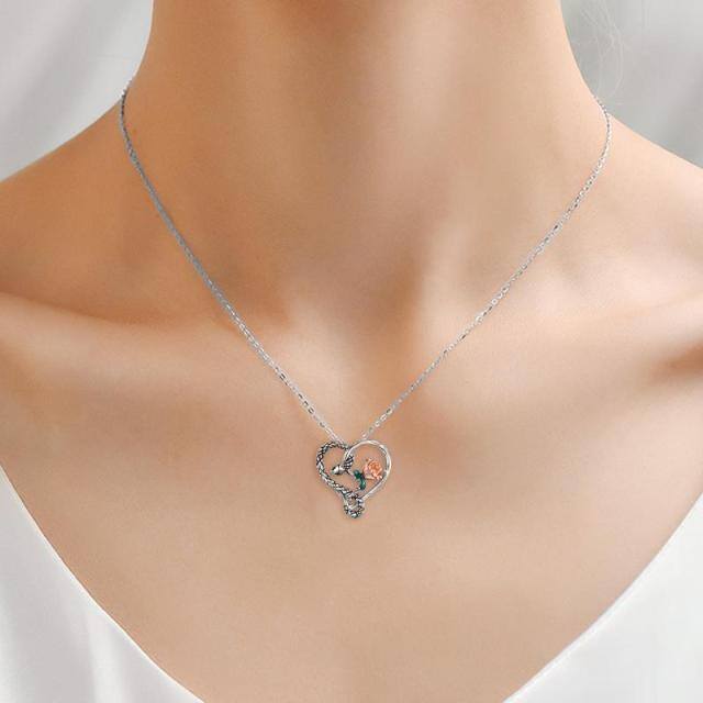 Sterling Silver Two-tone Snake & Rose & Heart Pendant Necklace-2