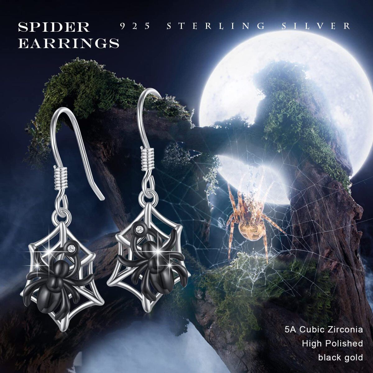 Pendants d'oreilles araignée en argent sterling bicolore à zircon cubique-5