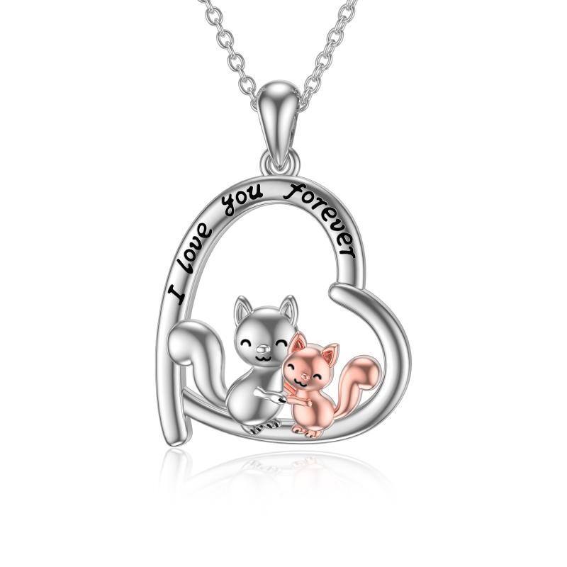 Sterling Silver Two-tone Squirrel & Heart Pendant Necklace with Engraved Word-1