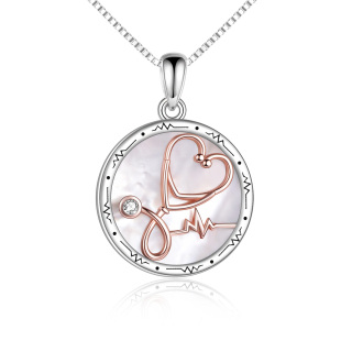 Sterling Silver Two-tone Cubic Zirconia Stethoscope Mother Of Pearl Heart Pendant Necklace-42