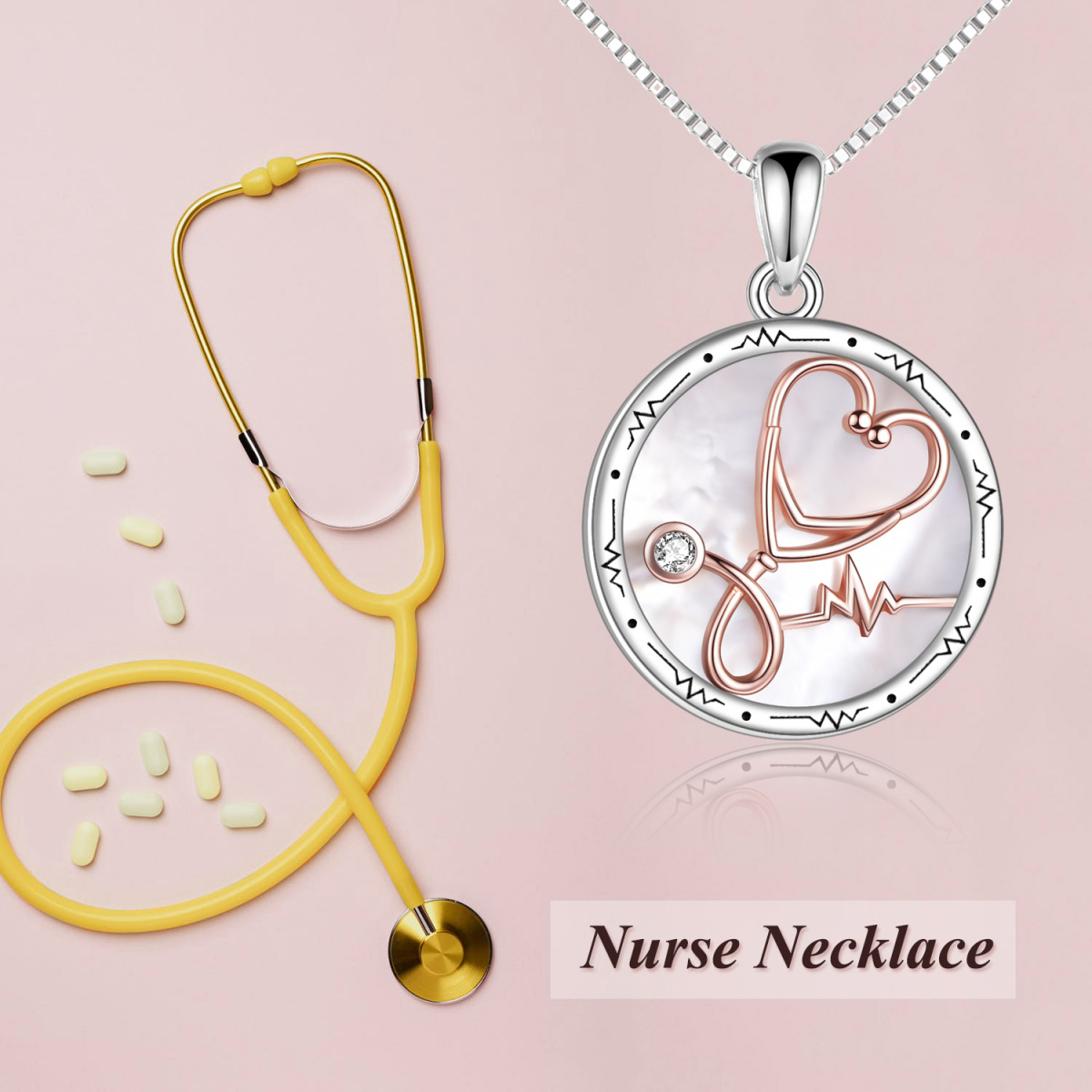 Sterling Silver Two-tone Cubic Zirconia Stethoscope Mother Of Pearl Heart Pendant Necklace-6