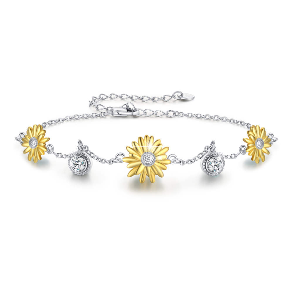 Sterling Silber zweifarbig Sonnenblume 5A Grade Österreich Zirkon Charm Armband-1