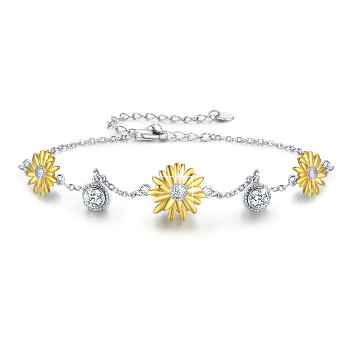 Sterling Silver Two-tone Sunflower & 5A Grade Austria Zircon Charm Bracelet-1