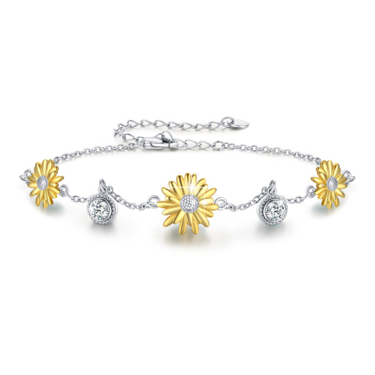 Sterling Silver Two-tone Sunflower & 5A Grade Austria Zircon Charm Bracelet