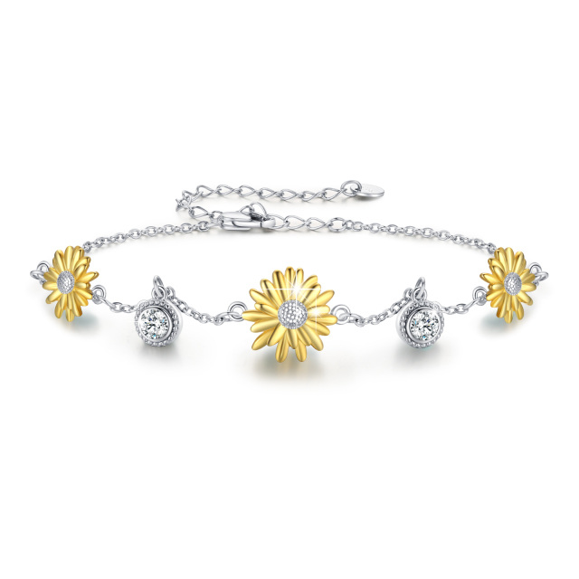 Bracciale bicolore in argento sterling con girasole e ciondolo in zircone austriaco di grado 5A-1