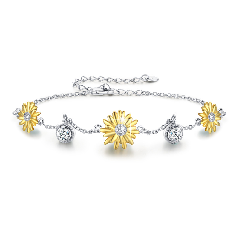 Bracciale con ciondolo in argento sterling bicolore con girasole e zirconi austriaci di grado 5A-8