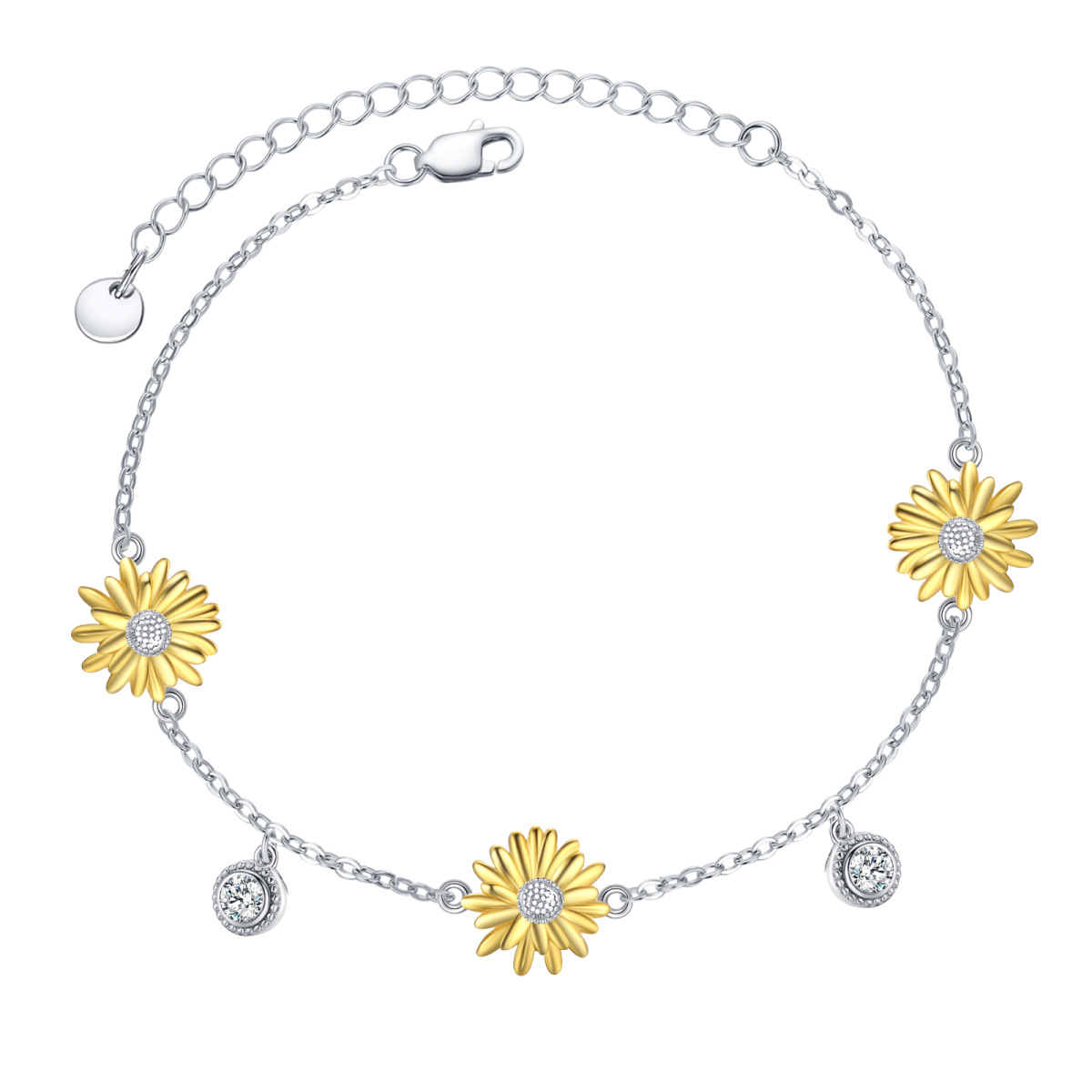 Sterling Silver Two-tone Sunflower & 5A Grade Austria Zircon Charm Bracelet-5